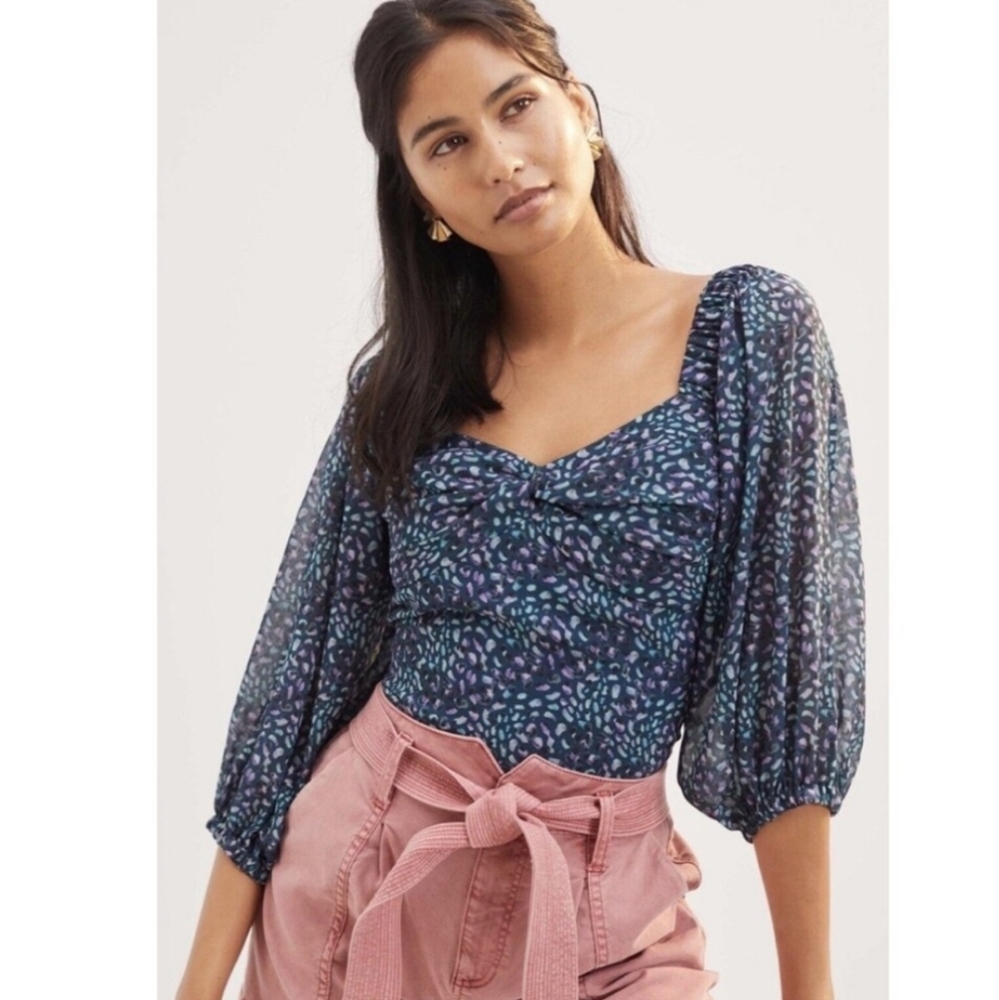 Anthropologie HUTCH Medley Sweetheart Neckline Purple Emerald Blue Blouse Medium